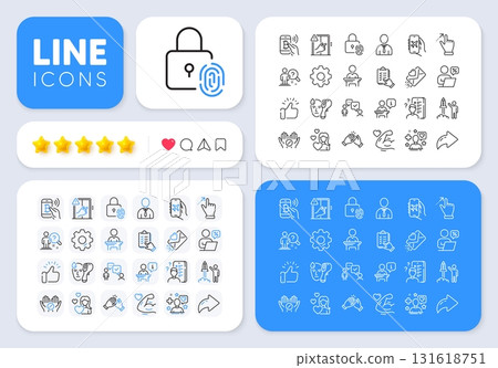 Flight mode, Love and Electronic thermometer line icons for web app. Message, Share, Like social media icons. Pack of Medical tablet, Strong arm, Patient pictogram icons. Vector 131618751