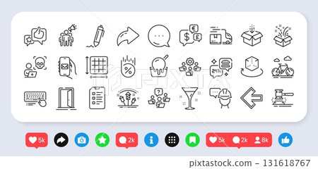 Open door, Cocktail and Brand ambassador line icons pack. Social media: share, comment, like icons. Auction hammer, Gift, Computer keyboard web icon. Get box, Teamwork, Left arrow pictogram. Vector Open door, Cocktail and Brand ambassador line icons pack. Social media: share, comment, like icons. Auction hammer, Gift, Computer keyboard web icon. Get box, Teamwork, Left arrow pictogram. Vector 131618767