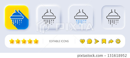 Shower line icon. Neumorphic, Flat shadow, 3d buttons. Bathroom sign. Hotel service symbol. Line shower icon. Social media icons. Vector 131618952
