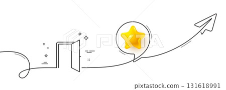 Open door line icon. Continuous line with share plane. Entrance doorway sign. Building entry symbol. 3d star in speech bubble. Open door single line ribbon. Loop curve pattern. Vector 131618991