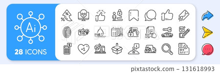 Cyber attack, Online chemistry and Car key line icons. Interest rate, AI generate, Inflation icons. Pack of Qr code, Calculator, Checkbox icon. Card, Research, E-mail pictogram. Vector 131618993