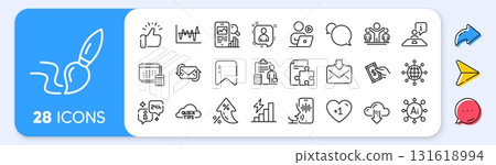 Messenger, Info and Brush line icons. Interest rate, AI generate, Inflation icons. Pack of Video conference, Refresh mail, Winner icon. Voicemail, Developers chat, Interview pictogram. Vector 131618994