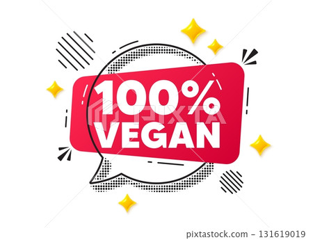 Vegan food chat speech bubble. Social media concept. 100 percent vegan tag. Organic bio food sign. Vegetarian product symbol. Red chat message. Offer speech bubble. Glare 3d stars. Vector Vegan food chat speech bubble. Social media concept. 100 percent vegan tag. Organic bio food sign. Vegetarian product symbol. Red chat message. Offer speech bubble. Glare 3d stars. Vector 131619019