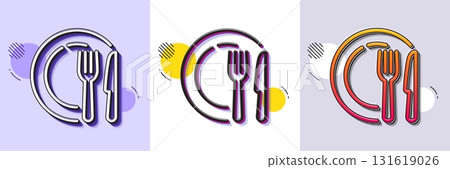 Dish line icon. Halftone dotted pattern. Gradient icon with grain shadow. Tableware food plate sign. Kitchenware fork and knife symbol. Line dish icon. Various designs. Vector Dish line icon. Halftone dotted pattern. Gradient icon with grain shadow. Tableware food plate sign. Kitchenware fork and knife symbol. Line dish icon. Various designs. Vector 131619026