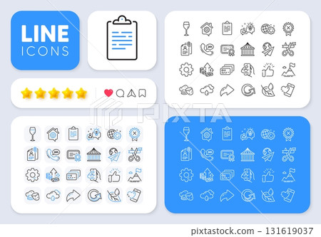 Work home, Leaf dew and Certificate line icons for web app. Message, Share, Like social media icons. Pack of Reject medal, Card, Inflation pictogram icons. Fitness, Wine glass, Potato signs. Vector 131619037