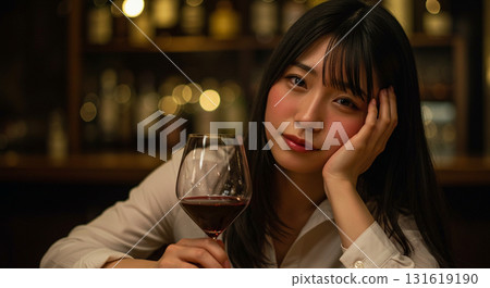 AI-generated image of a female college student leaning her cheek against a counter 131619190