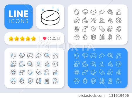 Vitamin e, Sun protection and Pandemic vaccine line icons for web app. Message, Share, Like social media icons. Pack of Dog paw, Bicycle helmet, Nurse pictogram icons. Vector 131619406