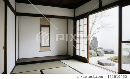 日本花園和日式房間壁龕中的掛軸模型 131619460