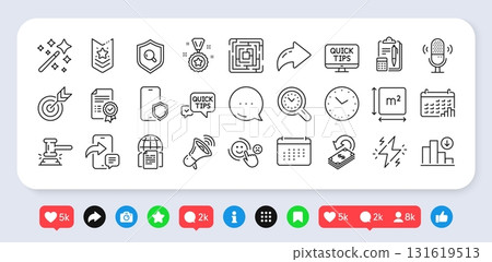 Quick tips, Magic wand and Power line icons pack. Social media: share, comment, like icons. Calendar graph, Accounting, Calendar web icon. Phone protect, Square area, Shoulder strap pictogram. Vector Quick tips, Magic wand and Power line icons pack. Social media: share, comment, like icons. Calendar graph, Accounting, Calendar web icon. Phone protect, Square area, Shoulder strap pictogram. Vector 131619513