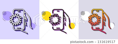Covid phone app line icon. Halftone dotted pattern. Gradient icon with grain shadow. Coronavirus application sign. Dirty smartphone symbol. Line covid app icon. Various designs. Vector 131619517