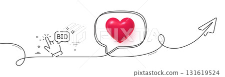 Bid offer line icon. Continuous line with share plane. Auction sign. Raise the price up symbol. 3d heart in speech bubble. Bid offer single line ribbon. Loop curve pattern. Vector Bid offer line icon. Continuous line with share plane. Auction sign. Raise the price up symbol. 3d heart in speech bubble. Bid offer single line ribbon. Loop curve pattern. Vector 131619524