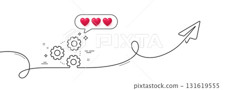 Gears line icon. Continuous line with share plane. Teamwork cogwheel sign. Working process symbol. Hearts rate review in speech bubble. Gears single line ribbon. Loop curve pattern. Vector Gears line icon. Continuous line with share plane. Teamwork cogwheel sign. Working process symbol. Hearts rate review in speech bubble. Gears single line ribbon. Loop curve pattern. Vector 131619555