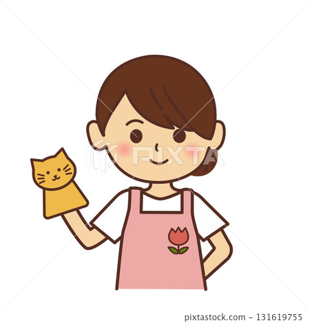 穿著圍裙的保育老師的插圖。保育老師，女人，絨毛玩具，圍裙，老師，托兒所，幼兒園，上身， 131619755