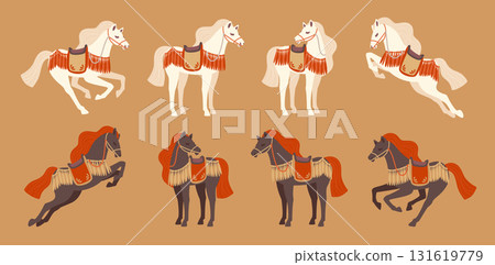 Set of zodiac horses, horses, decorated horses, white and black horses in formal wear 131619779