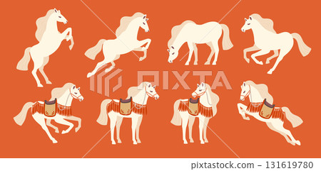一套十二生肖馬、裝飾馬和身著正式服裝的白馬 131619780