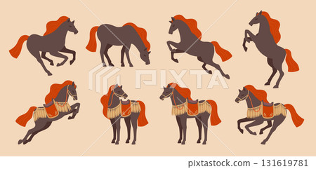 一套十二生肖馬、馬、裝飾馬和身著正式服裝的黑馬 一套十二生肖馬、馬、裝飾馬和身著正式服裝的黑馬 131619781