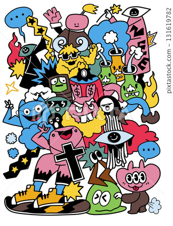 Colorful doodle monster cartoon, playful character, abstract, comic style, energetic, fun 131619782