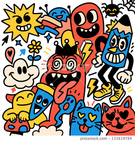 Happy sun rainbow red monster blue pencil cartoon doodle playful colorful Playful cartoon doodle 131619784