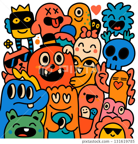 Colorful monster doodle cartoon character group happy playful cute fun cheerful joyful Colorful monster doodle cartoon character group happy playful cute fun cheerful joyful 131619785