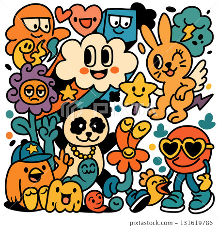 Cheerful doodle monster cartoon animal flower panda heart star cloud playful style Cheerful doodle monster cartoon animal flower panda heart star cloud playful style 131619786
