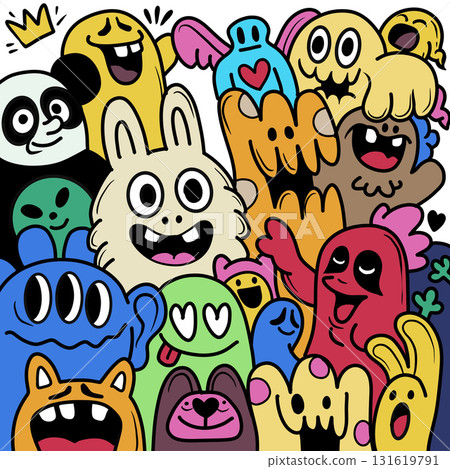 Colorful doodle monster group cartoon animal happy playful cute hand drawn joyful fun Colorful doodle monster group cartoon animal happy playful cute hand drawn joyful fun 131619791