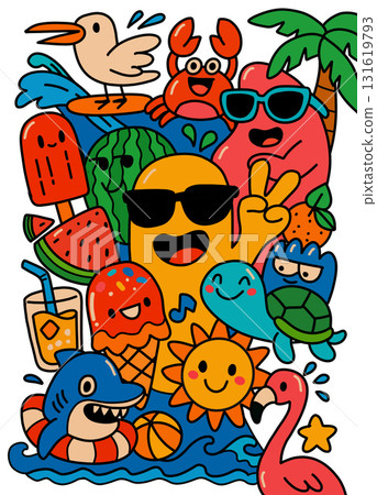 Summer doodle cartoon character watermelon ice cream popsicle sun palm crab happy Summer doodle cartoon character watermelon ice cream popsicle sun palm crab happy 131619793