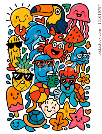 Smiling sun toucan jellyfish dolphin crab watermelon pineapple turtle beach ball popsicle 131619794