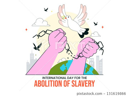 International Day for the Abolition of Slavery Illustration on December 2, Featuring Handcuffs, Broken Chains, and Flying Pigeons in a Background International Day for the Abolition of Slavery Illustration on December 2, Featuring Handcuffs, Broken Chains, and Flying Pigeons in a Background 131619866
