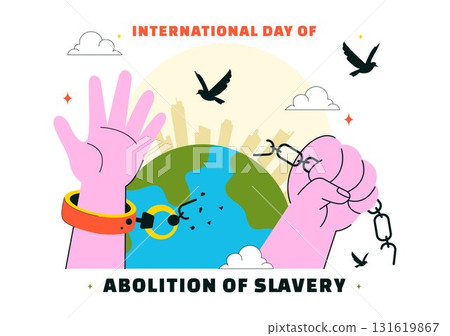 International Day for the Abolition of Slavery Illustration on December 2, Featuring Handcuffs, Broken Chains, and Flying Pigeons in a Background 131619867