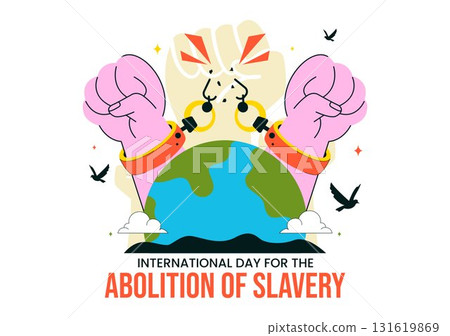 International Day for the Abolition of Slavery Illustration on December 2, Featuring Handcuffs, Broken Chains, and Flying Pigeons in a Background 131619869