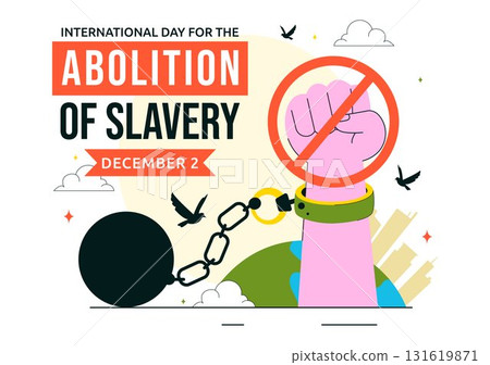 International Day for the Abolition of Slavery Illustration on December 2, Featuring Handcuffs, Broken Chains, and Flying Pigeons in a Background 131619871