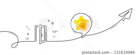 Open door line icon. Continuous line with share plane. Entrance doorway sign. Building entry symbol. 3d star in speech bubble. Open door single line ribbon. Loop curve pattern. Vector 131619999