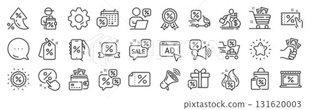 Discounts line icons. Settings gear, Message, Inflation icons. Sale Coupon, phone with percent sign, Discount price tag. Wholesale store market, calendar, hot deal line icons. Vector 131620003