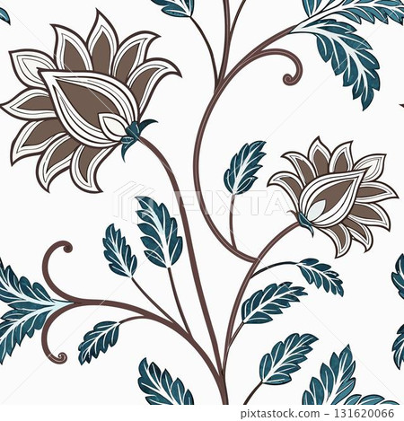The image showcases a floral pattern with brown flowers and teal leaves on a white The image showcases a floral pattern with brown flowers and teal leaves on a white 131620066