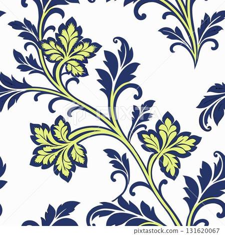 The image is a floral pattern featuring stylized leaves and swirling branches in shades of blue and yellow on a white The image is a floral pattern featuring stylized leaves and swirling branches in shades of blue and yellow on a white 131620067