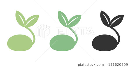 發芽種子的平面插圖集 | 柔和的綠色、深綠色、黑色、生態、有機 131620309