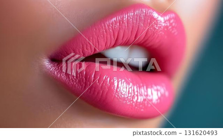 Detailed close-up of a woman's lips with bright pink lipstick, showcasing the color and texture against a subtle background 131620493