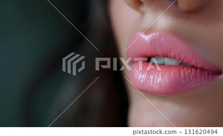 Close-up of vibrant pink lipstick on a woman's lips, capturing the glossy finish and detailed texture against a neutral backdrop 131620494