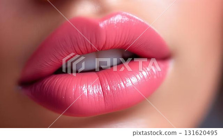 A woman's lips in close-up, featuring glossy bright pink lipstick, emphasizing the rich color and texture 131620495