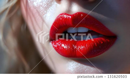 Close-up of a woman's lips adorned with vibrant red lipstick, showcasing texture against a soft background 131620503
