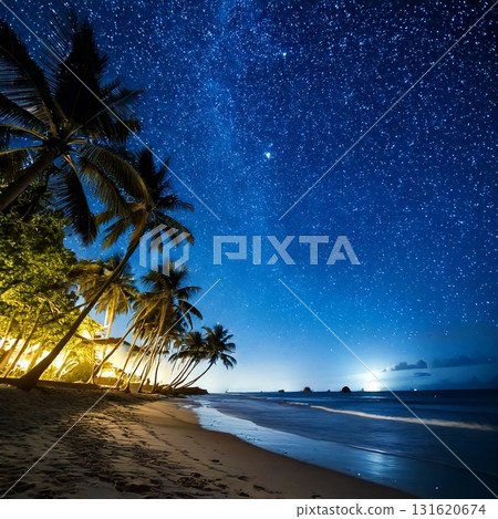 螢火蟲在夜晚的熱帶海灘上翩翩起舞的奇妙風景插圖 131620674