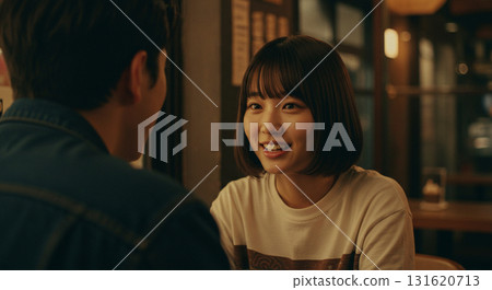 AI-generated images of men and women chatting in a cafe 131620713