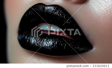 Close-up view of a woman's lips with glossy black lipstick, emphasizing texture and beauty against a muted backdrop 131620811