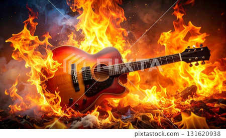 Rock music concert: red electric guitar isolated in black with fire in the fireplace, a burning acoustic instrument's string sound Rock music concert: red electric guitar isolated in black with fire in the fireplace, a burning acoustic instrument's string sound 131620938