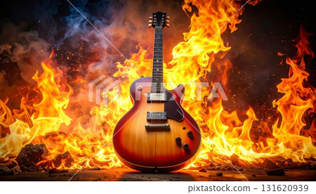 Rock music concert: red electric guitar isolated in black with fire in the fireplace, a burning acoustic instrument's string sound 131620939