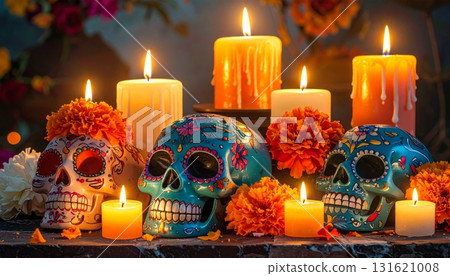 Isolated traditional Russian matryoshka doll ornament set with colorful Jesus Christ on the cross in the church on a christmas gift background 131621008