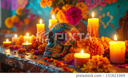 Isolated traditional Russian matryoshka doll ornament set with colorful Jesus Christ on the cross in the church on a christmas gift background 131621009