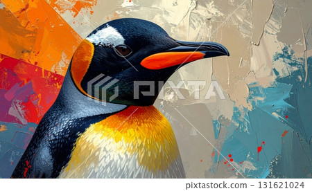 An abstract colorful bird with an abstract background of colorful bird of paradise plumage, like a king penguin in Antarctica wildlife 131621024