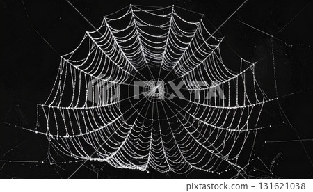 Dew drops sparkle on a spider web in the morning, a delicate natural pattern 131621038