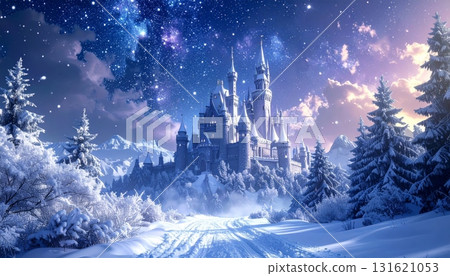 Alpine panoramic view of a cold winter mountain landscape with snow, frozen trees, and a bright blue sky Alpine panoramic view of a cold winter mountain landscape with snow, frozen trees, and a bright blue sky 131621053